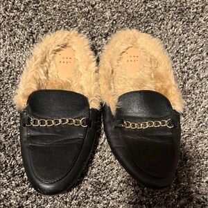 a new day Black Loafers with Gold Chain and Tan Fur